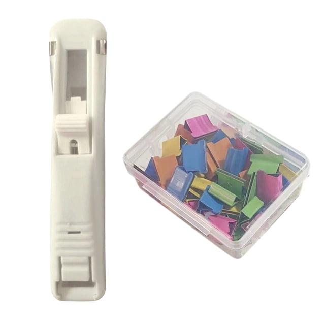 HICESS Agrafeuse de Trombones Distributeur de Trombones Portable Sans Perçage Pousse-Papier avec 50 Pinces Métalliques Transparentes Rechargeables Fournitures de Bureau et Scolaires