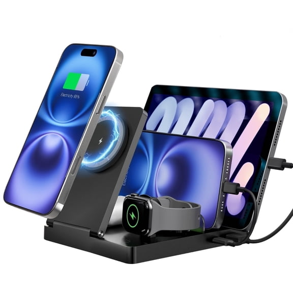 Charging Station, Wireless Charger, 5 in 1 Phone and Watch Charger for iPhone 17 16 15 14 13 12, for Apple Watch, Wireless Charger Station for AirPods 4 3 2, for iPad, Black