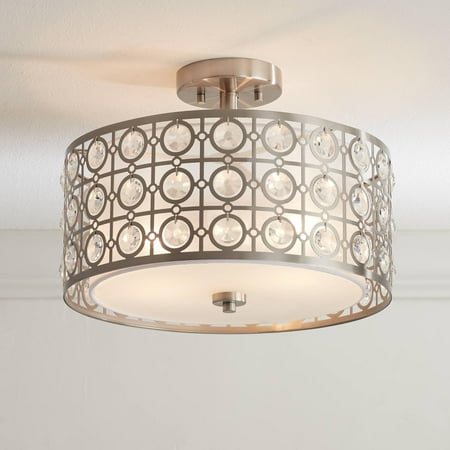 

DONFU Saira Modern Close to Ceiling Light Semi Flush Mount Fixture 16 Wide Brushed Nickel Clear Crystal Accent Organza Drum Shade for Bedroom Hallway Living Room Dining Room Bathroom