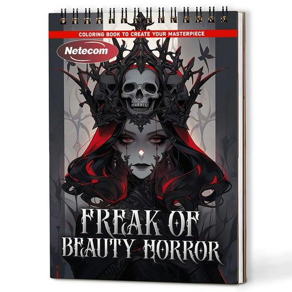 Netecom Freak of Beauty Horror Coloring Book Spiral Bound For Adults, A5 Wooden Cover, 30 Surreal Coloring Pages of Dark Elegance for Stress Relief and Relaxation