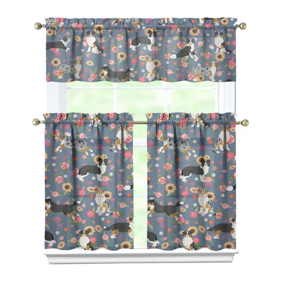 Dog Print Kitchen Curtains 36 Inch Short - 3 Panel Set, Cute Puppy & Floral Design, Rod Pocket Pet Lover Curtains 100% Polyester, Paw & Bone Pattern for Kitchen, Living Room, Bedroom, Easy Wash
