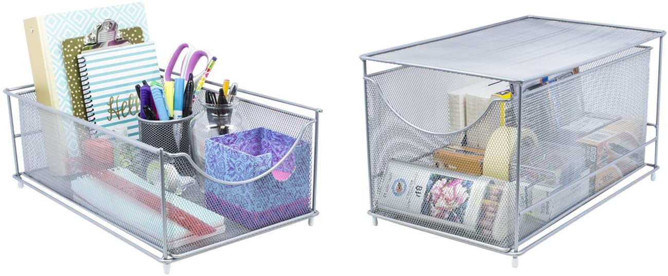 Desktop and More Sorbus Cabinet Organizer Set —Mesh Storage Organizer with Pull Out Drawers—Ideal for Countertop Under The Sink Cabinet Silver Two-Piece Set Pantry 