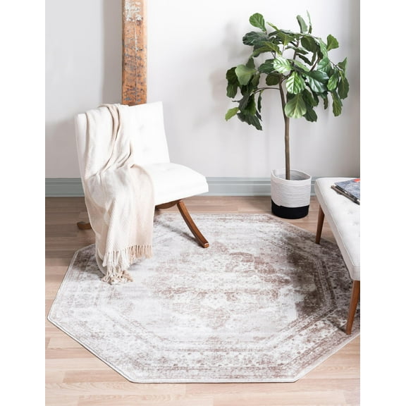 Rugs.com Monte Carlo Collection Rug – 8' Octagon Beige Medium Rug Perfect For Living Rooms, Kitchens, Entryways