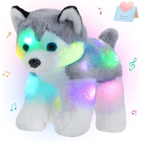 BSTAOFY 12’’ Musical Light up Husky Puppy Stuffed Animal Realistic LED Singing Dog Soft Plush Toy with Night Lights Glow in The Dark Birthday Valentines Christmas for Toddler Kids