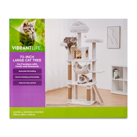 VIBRANT LIFE 73″ LARGE MULTI-FUNCTIONAL CAT TREE WITH CONDO, HAMMOCK AND SCRATCHING POSTS, BEIGE
