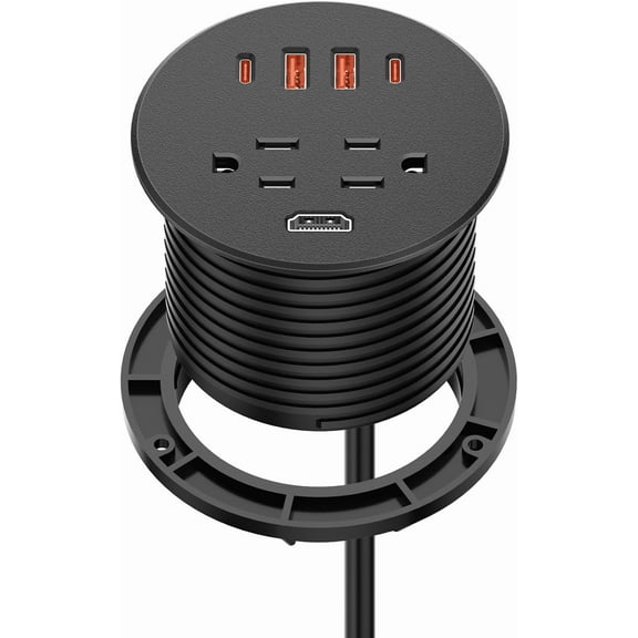 Desk Power Grommet with 35W USB C Fast Charging, 3 Inch Desktop Recessed Outlet with 4 USB Ports, HDMI Ports, Flush Mount Outlets Desk Charging Station for Conference Rooms, Office Tables, Furniture