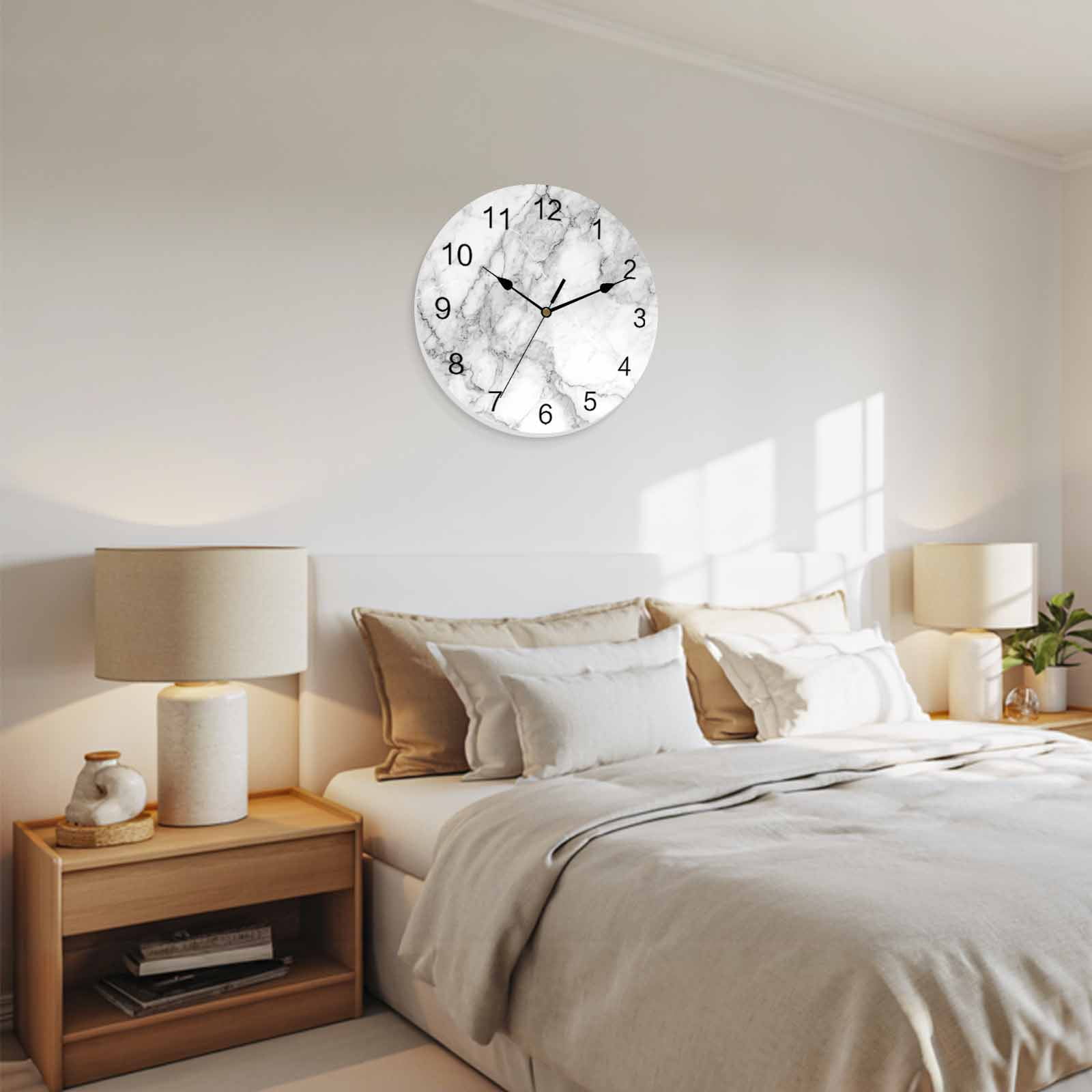 Silent Wall Clocks Battery Operated, Grey White Marble Round Decorative Wall Clock for Living Room Bedroom Kitchen Bathroom Classroom Decor, 12 Inch Abstract Modern Textured