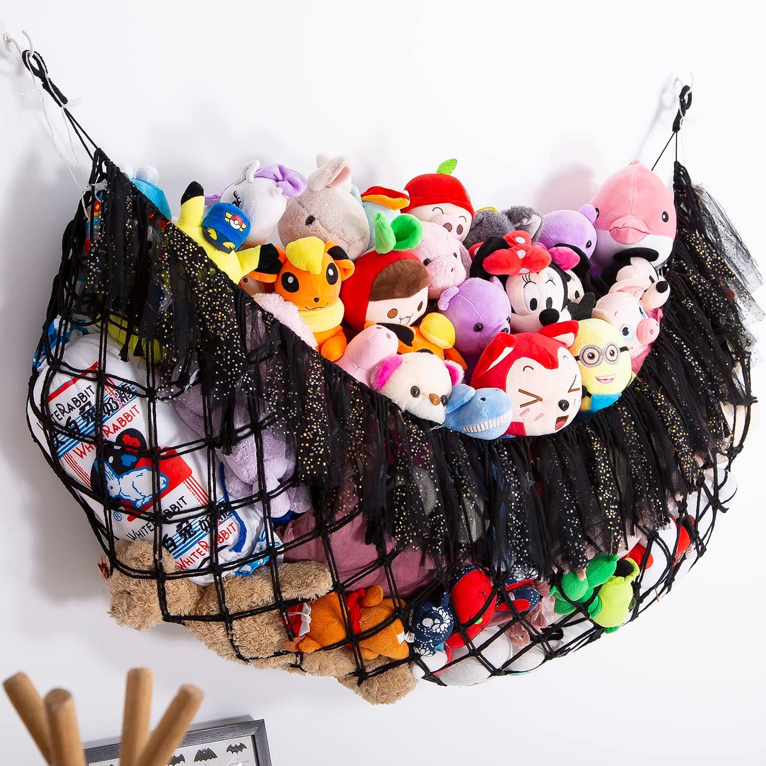 Large Stuffed Animal Hammock with Light Wall Mounted- Hammock Plushies Net Stuff Toy Organizer Boho Macrame Toy Hammock Corner Hanging Net for Nursery Storage Bedroom Playroom Decor-Black