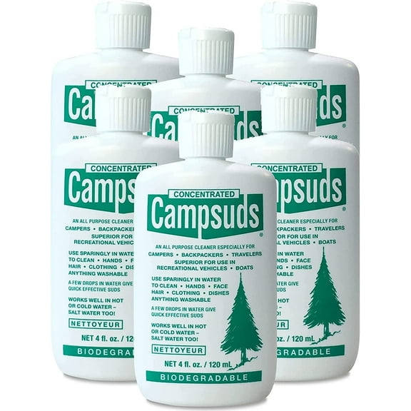 Sierra Dawn Campsuds Outdoor Soap Biodegradable Environmentally Safe All Purpose Cleaner, Camping Hiking Backpacking Travel Camp, Multipurpose Dishes Shower Hand Shampoo 4-Ounce, 6 Bottles