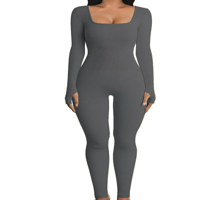 EIMELI Women Ribbed Knit Yoga Jumpsuits Square Neck Long Sleeve Bodycon Rompers One-Piece Workout Sports Outfits