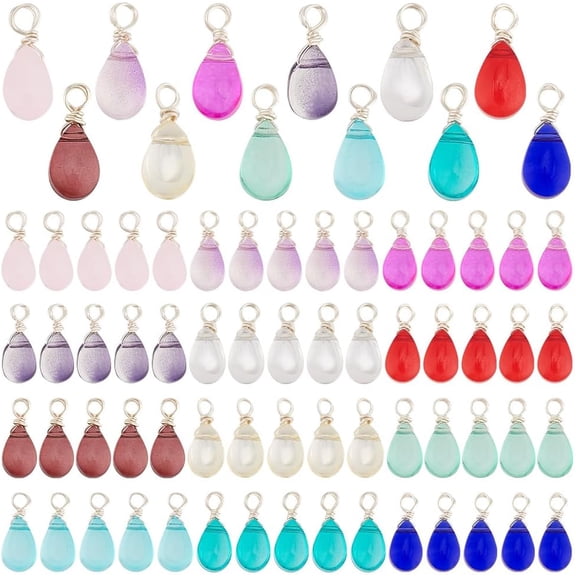 PH 72pc 12 Color Dangle Charms: Transparent Glass Teardrop Silver Wire Wrapped Dangle Bead Charms - Perfect for Jewelry Making for DIY