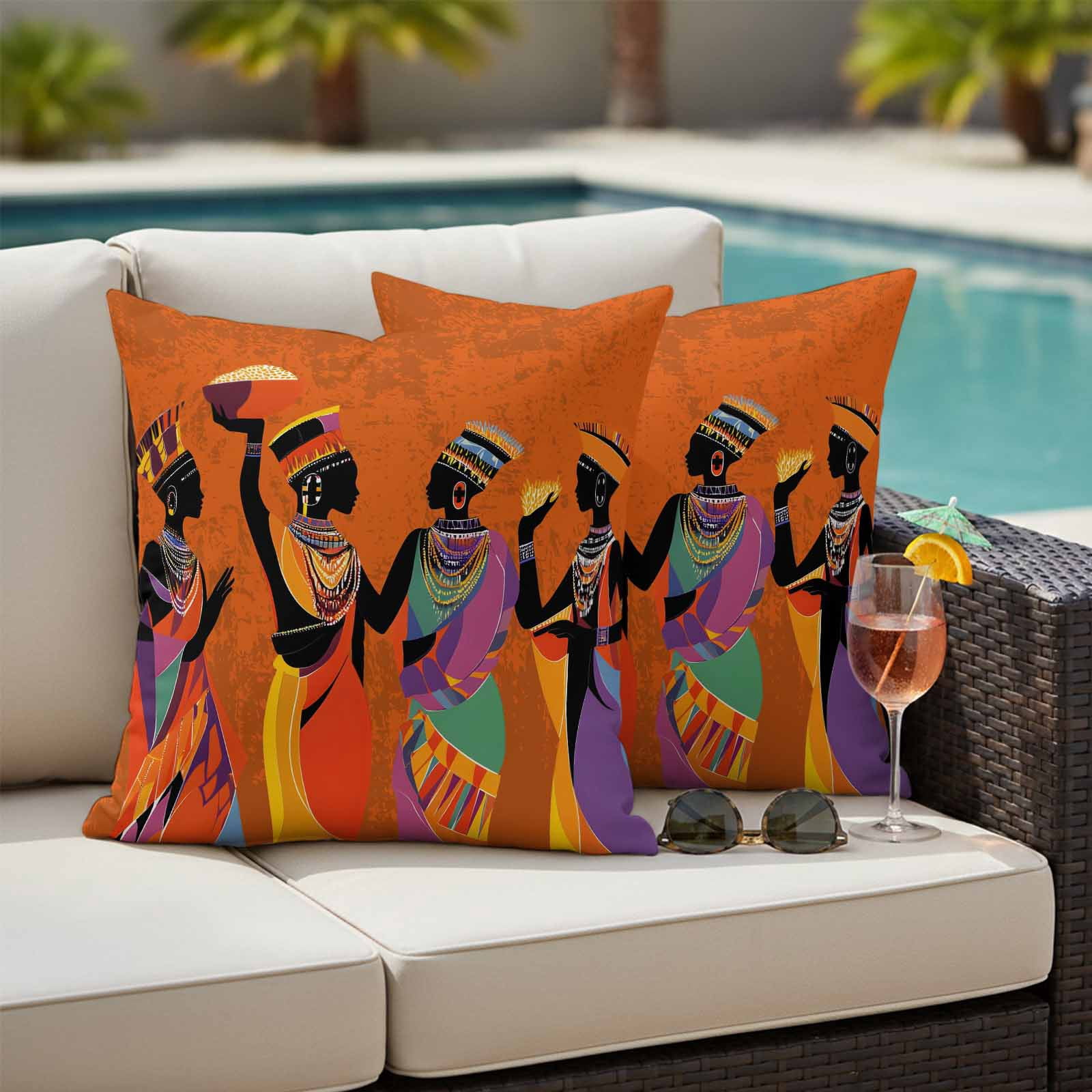 Outdoor Pillow Covers African Black Woman Ethnic Style Waterproof Pillow Cases 18x18 Set of 2, Retro Orange Gradient Throw Pillow Cover Pillowcase for Patio Balcony Couch Garden