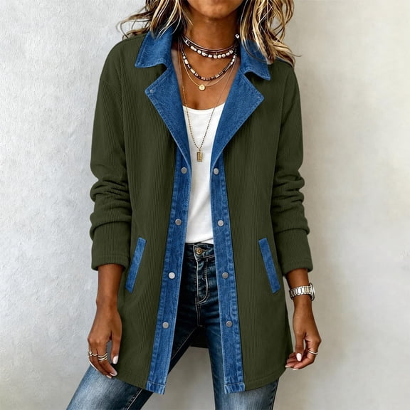 Denim Jacket for Women Cardigan Patchwork Jacket Casual Long Sleeve Loose Button Down Collared Shacket
