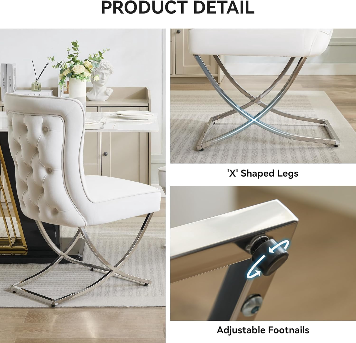 2PCS Luxury Velvet Dining Chairs, Tufted Upholstered Armless Accent Chairs with Silver Metal X-Legs, Modern Glam Dining Chair Kitchen Chairs, Beige