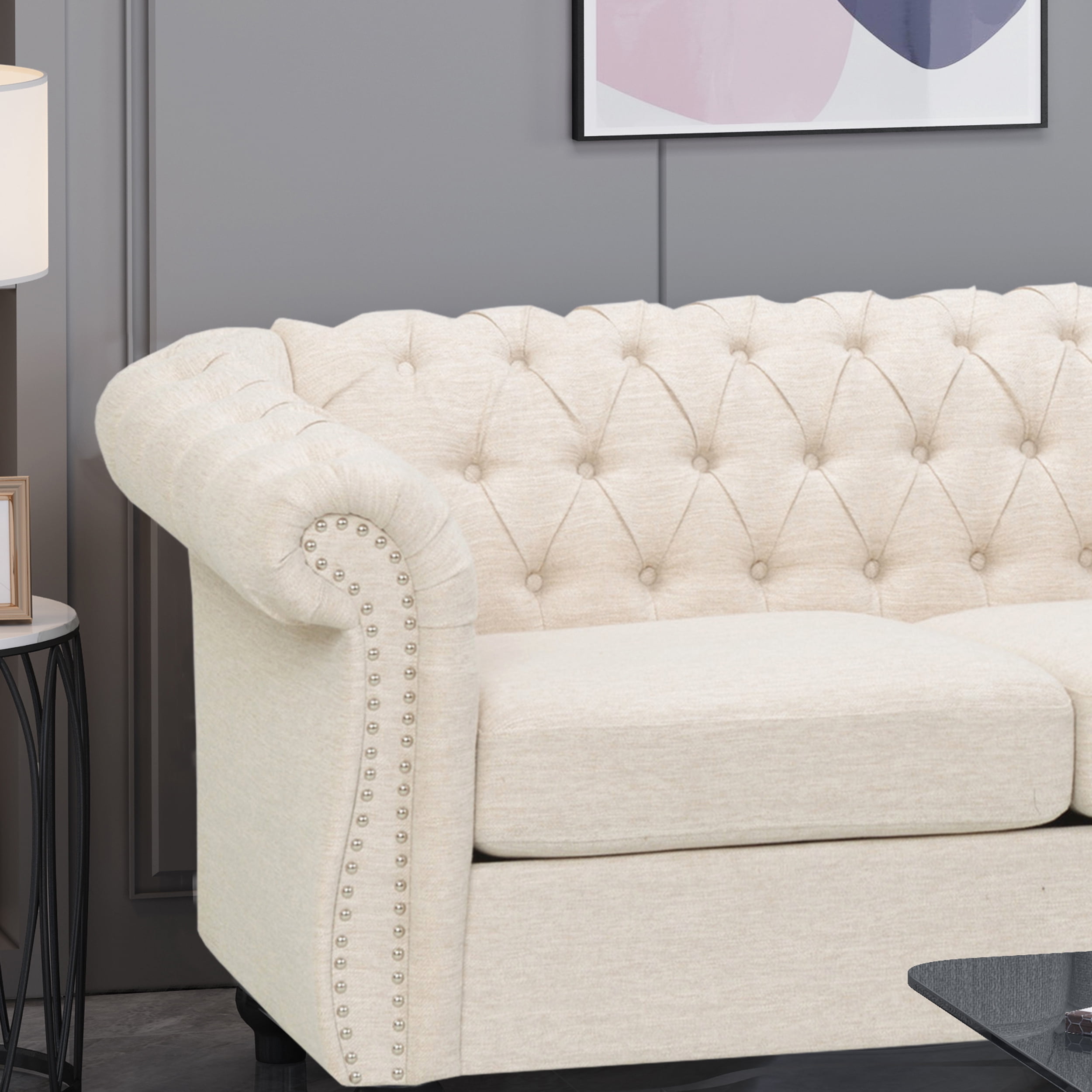 Noble House Augus Fabric Tufted 3 Seater Sofa, Beige, Dark Brown