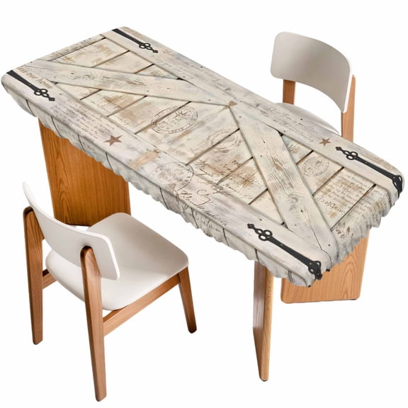 Vintage Wood Grain Table Cloths for 8 Foot Rectangle Tables, Farmhouse Country Door Retro Patio Waterproof Elastic Fitted Tablecloths, Washable Rectangular Table Cover for Camping