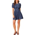 thumbnail image 2 of INSPIRE CHIC Women's Denim Puff Sleeve Button Front Flare A-Line Jean Mini Dresses XS Blue, 2 of 6