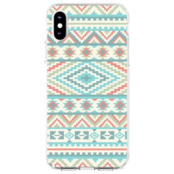 DistinctInk Clear Shockproof Hybrid Case for iPhone X / XS (5.8" Screen) - TPU Bumper, Acrylic Back, Tempered Glass Screen Protector - Blue Orange White Tribal Print