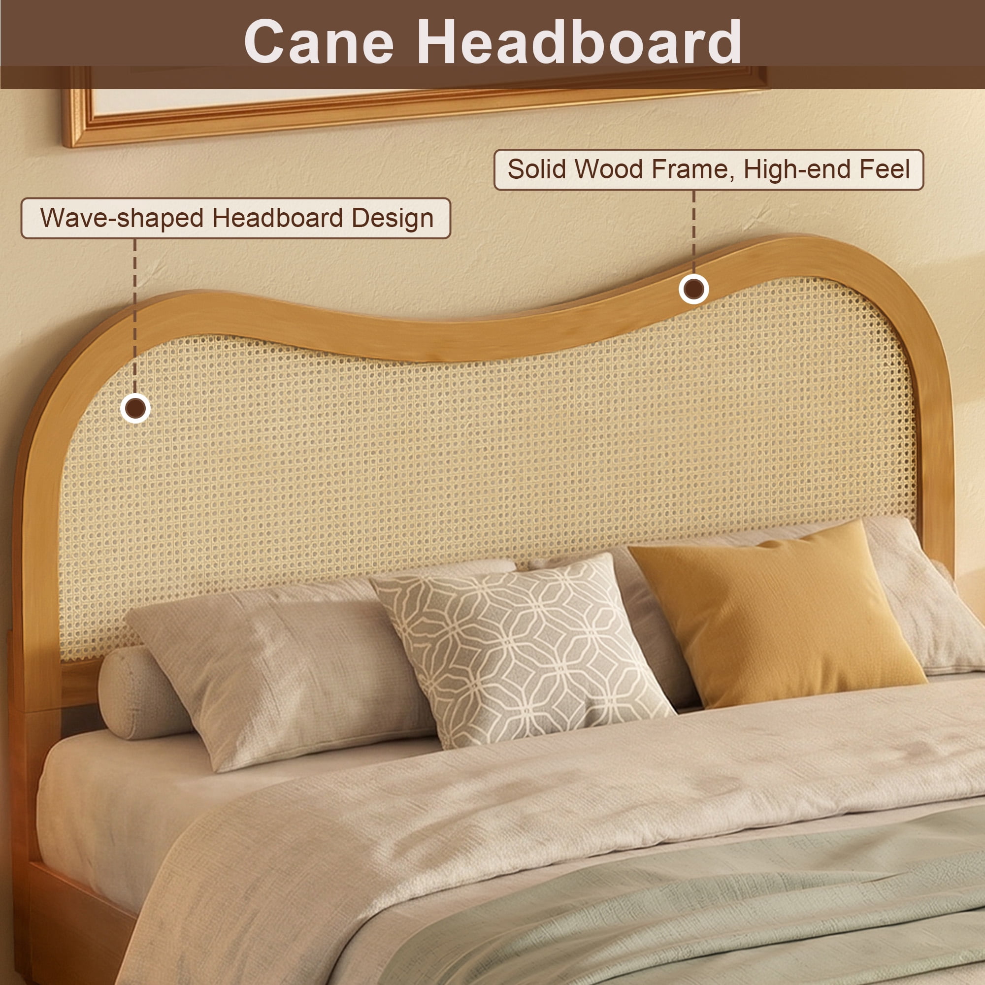 Mintazer Modern Queen Platform Bed with Wave Rattan Cane Headboard, Mid-Century Boho Bed Frame with Turned Legs for Bedroom, No Box Spring Needed, Natural