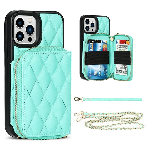 Allytech Case for iPhone 13 Pro Max, Shockproof Leather Wallet Case Shoulder Strap Card Slots Stand Detachable Wrist Strap Cover,Green