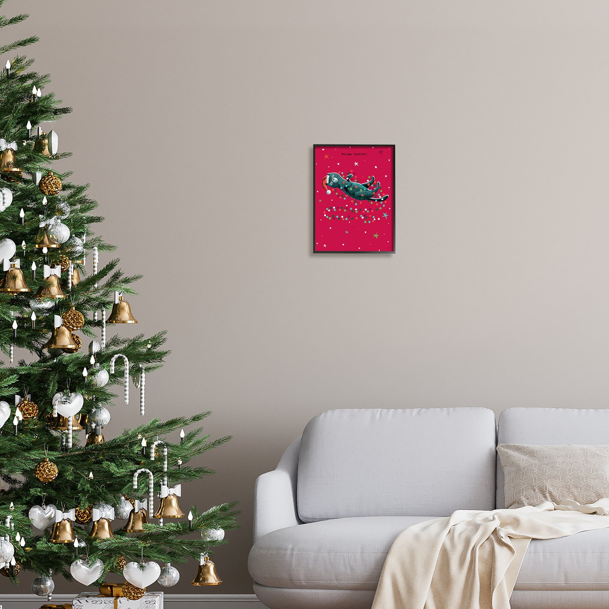 Stupell Industries Feline Festive Christmas Cat Holiday Painting Gray Framed Art Print Wall Art