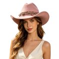 thumbnail image 6 of Western Cowboy Wide Brim Felt Hat, Women Boho Ethnic Tassel Band Fedora Hat Solid Color Four Season Party Daily Outdoor Fashion Hat(Pink), 6 of 6