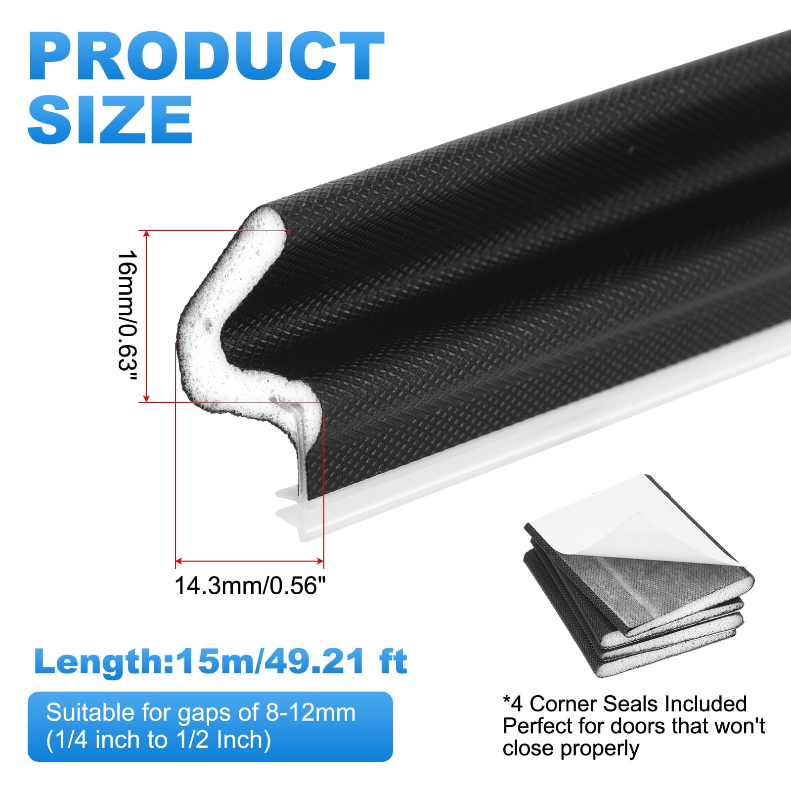 Uxcell Door Weather Stripping, 49.21 ft V-shaped Kerf Front Exterior Door Frame Weather Stripping with 4 Corner Seals for Soundproof Entry Interior Frame Window Gap Filler, Black/White