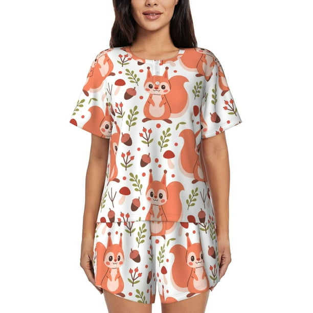 Balery Squirrel And Conjunto de Pijama para Mujer con Estampado, Dos Piezas de Manga Corta y Shorts, Ropa de Dormir Suave con Cuello Redondo y Bolsillos-Medium