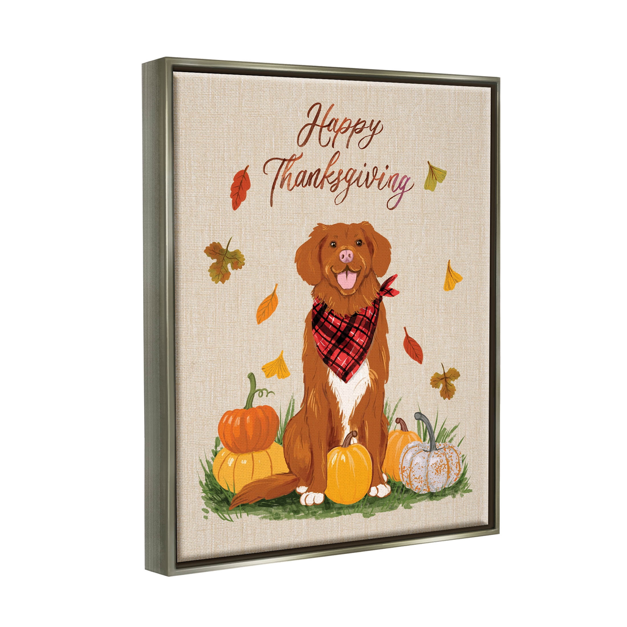 Happy Thanksgiving Pumpkins Dog Holiday Graphic Art Luster Gray Framed Art Print Wall Art