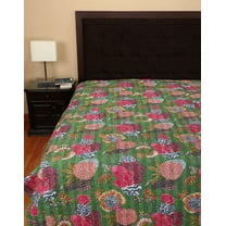 Green Fruit Print Kantha Quilt 100% Cotton Kantha Throw Kantha Blanket Handmade Quilt Queen Size Kantha Bedspread Boho