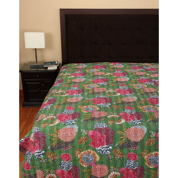 Green Fruit Print Kantha Quilt 100% Cotton Kantha Throw Kantha Blanket Handmade Quilt Queen Size Kantha Bedspread Boho