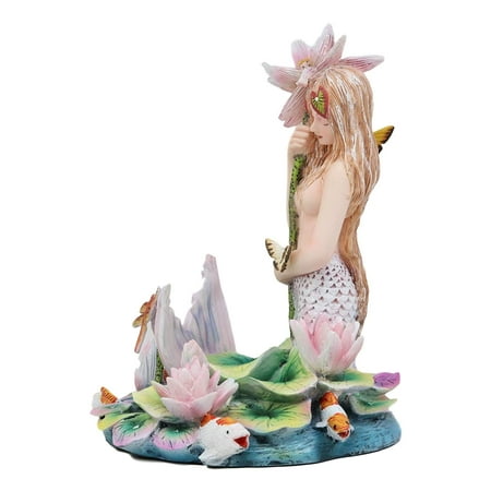 Ebros Sheila Wolk Rainbow Pool Mermaid by Flower Umbrella Dragonfly and Koi Fishes in Pond Statue 6.25