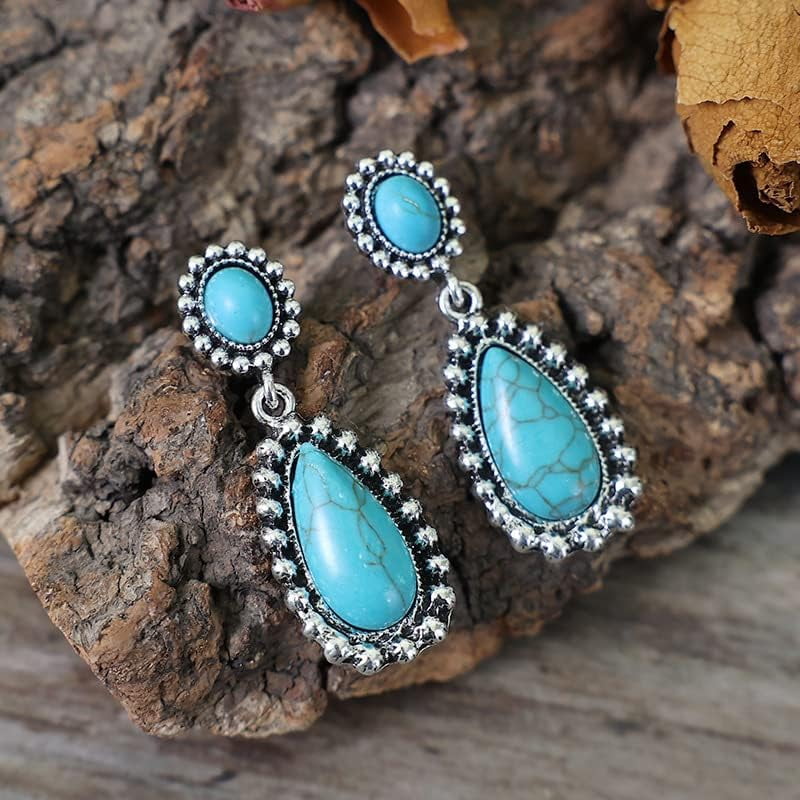Turquoise Stud Earrings Set For Women – 5 Pairs, Bohemian Western Style, Teardrop & Round, Gift For Cowgirl Fashion