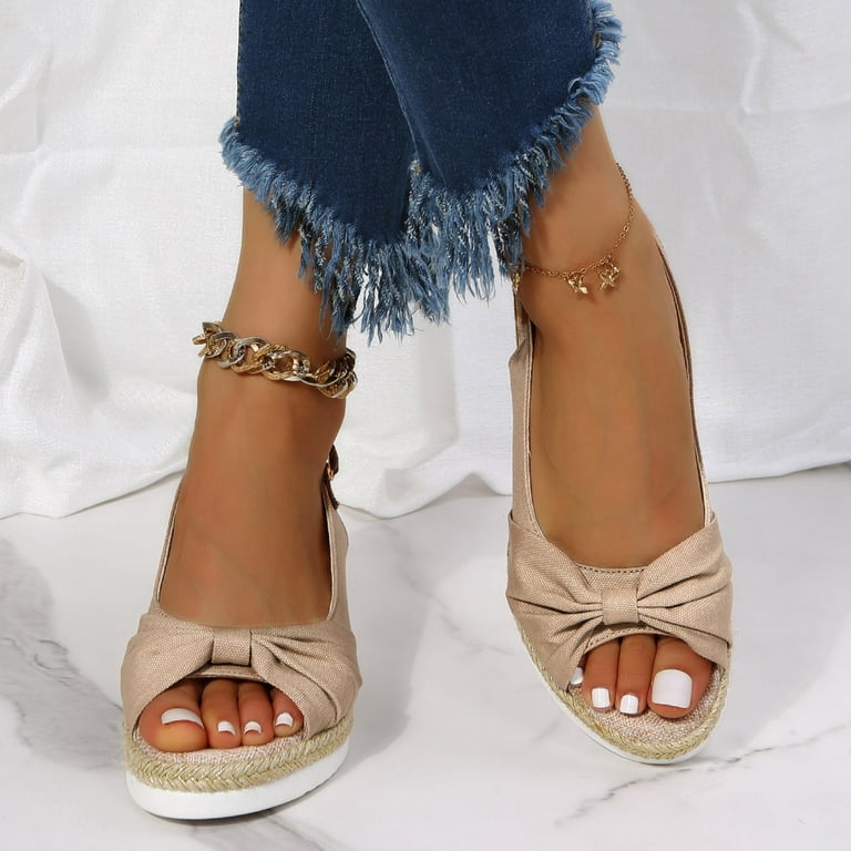 Ladies Fashion Summer Solid Color Fabric Casual Straw Bottom Wedge Buckle Sandals Womens Beach Sandals Sandals for Bunions Women Yoga Sling Sandals