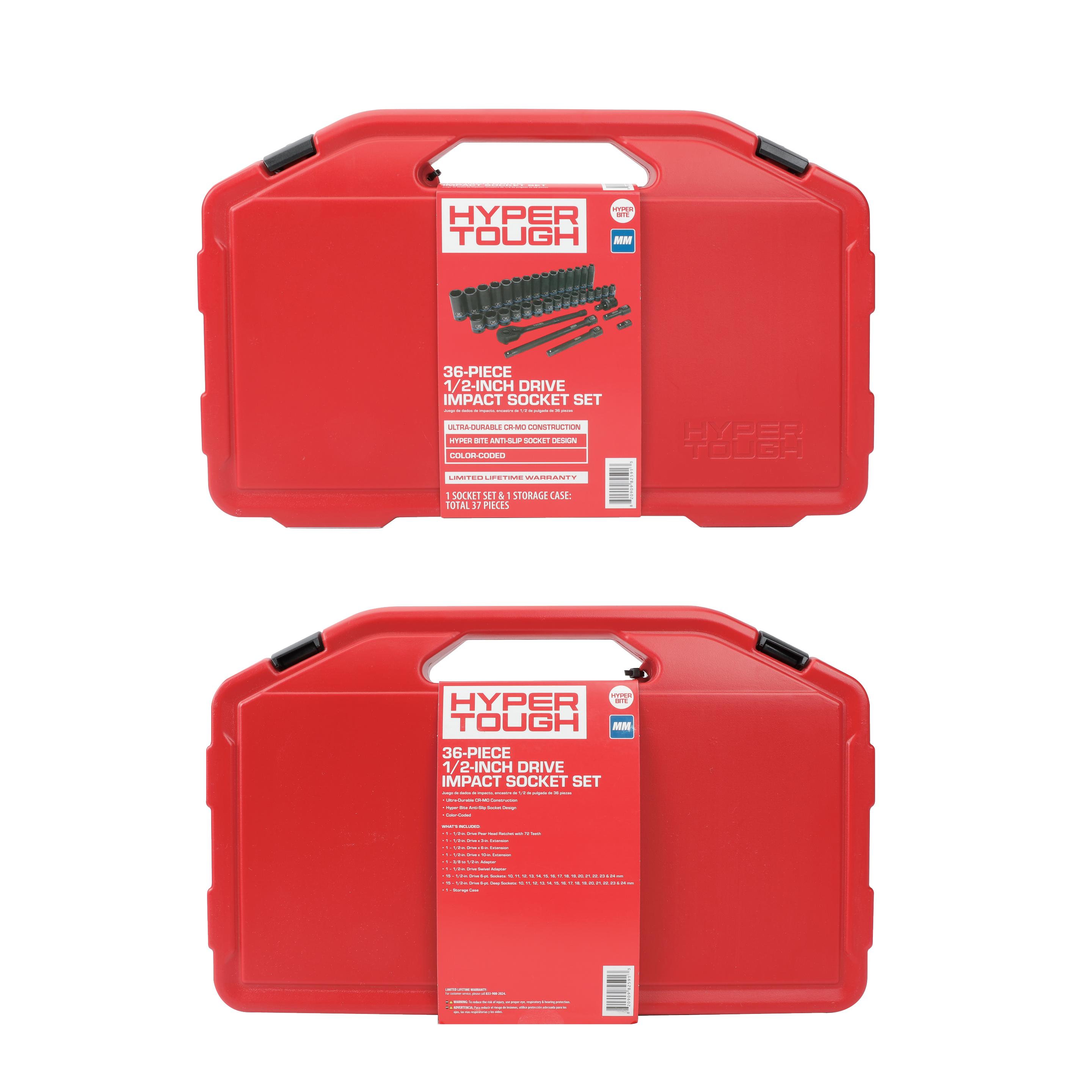 Juego de dados de impacto Hyper Tough de 36 piezas, 1/2 pulgada, métrico, CRMO (mm) 4