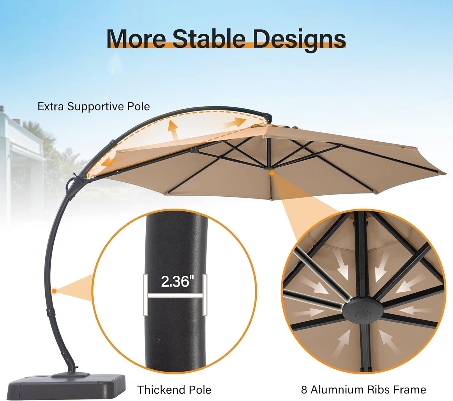 LAUSAINT HOME 12FT Sunbrella Patio Umbrella with Base, Outdoor Deluxe Curvy Cantilever Umbrella for Patio Pool Deck, Champagne