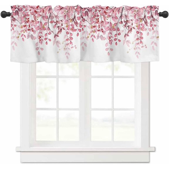 Pink Eucalyptus Leaves Curtain Valance for Windows Watercolor Window Treatments 1 Panel Short Curtains for Kitchen Windows Bathroom Bedroom,54 x 18 Inch