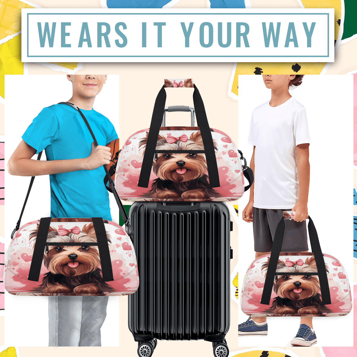 Herdesigns Pink Sports Duffle Bag for Women & Men, Cute Dogs Gym Bag Dance Bag Overnight Bag Carry On Weekender Travel Bag