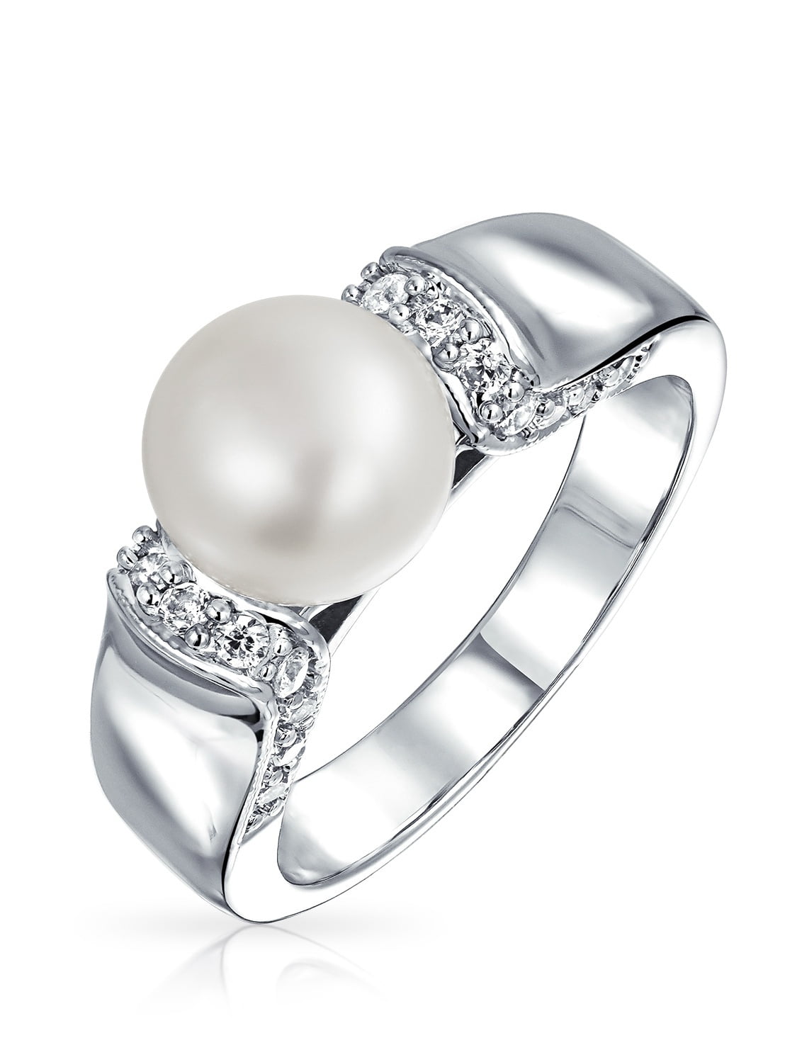 Bling Jewelry Art Deco Style Pave CZ Solitaire White Freshwater Cultured Pearl Engagement Ring