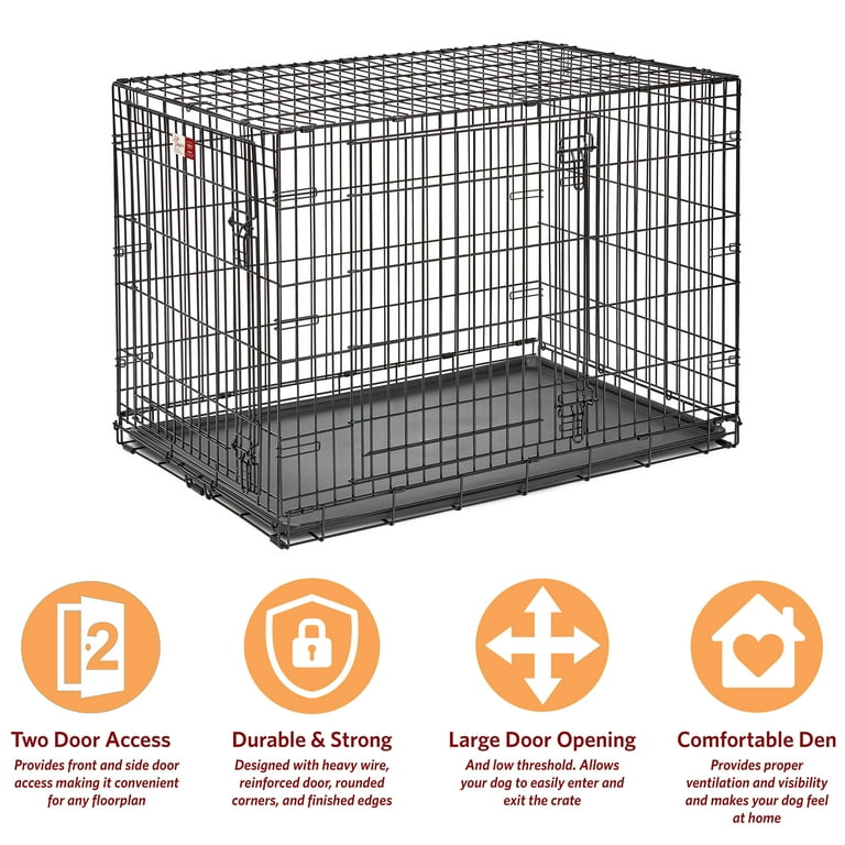 MidWest Homes for Pets Newly Enhanced LifeStages Double Door Folding Metal Dog Crate with Divider Panel Floor Protecting Feet Leak Proof Dog Pan 1642DDU 42L x 28W x 31H Inches Large Dog Breed