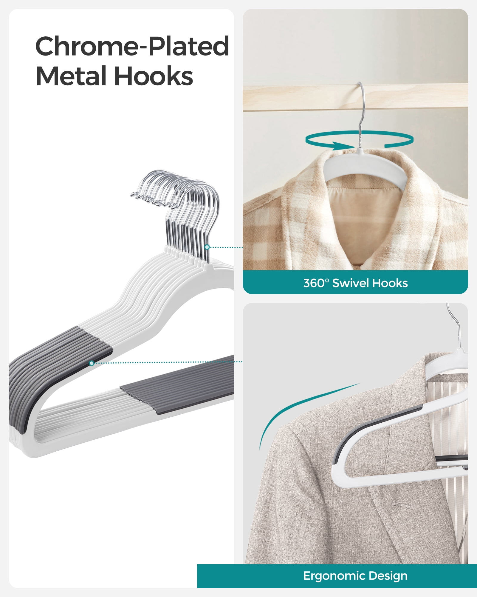 30-Pack Slim Plastic Hangers with 360° Swivel Hooks, Heavy Duty Space Saving Closet Organizers for Coats, Dresses and Pants, Cloud White and Dark Gray