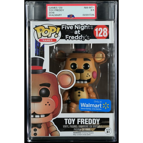 Five Nights at Freddy's, PSA Graded 8.5 NM-MT , Toy Freddy Collectible Vinyl Figure #128, Fully Encapsulated Bundle with Compatible Funko Pop! PSA Hard Protector Case