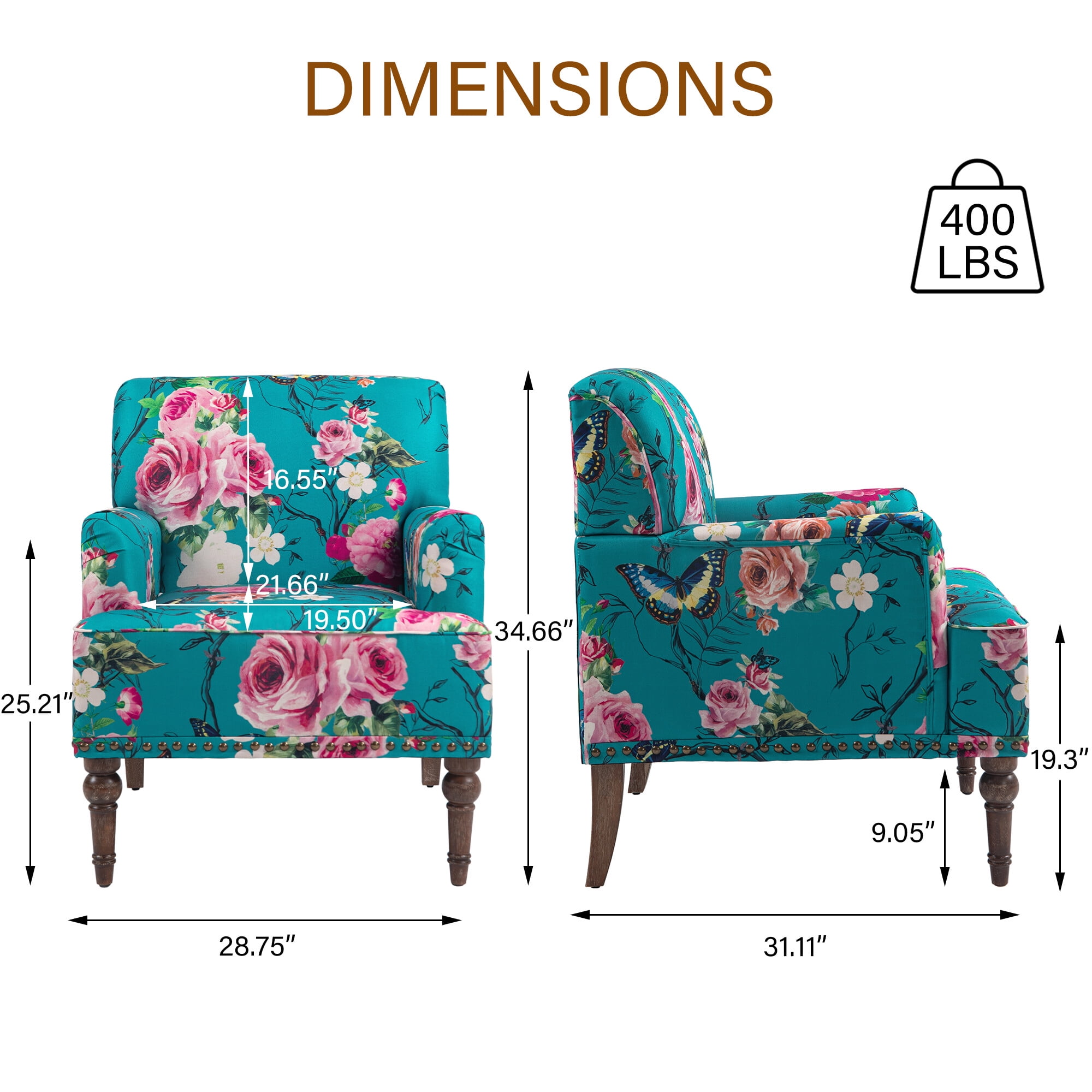 DREAMSIDEA Floral Accent Chairs Set of 2,Modern Nailhead Trim Armchair for Living Room, Comfy Upholstered Lounge Chair Reading Seat