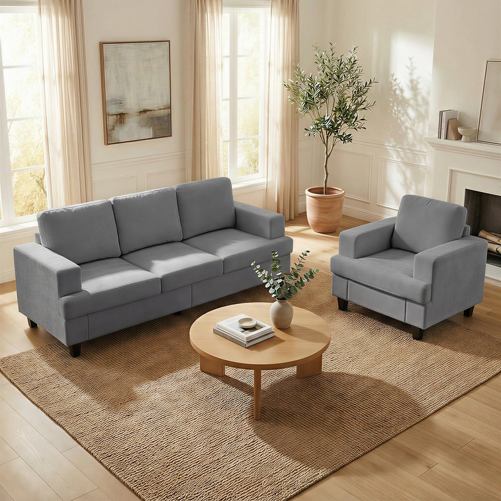 Mjkone 2-Piece Living Room Furniture Sets, Chenille Couch and Loveseat Set, Modern Sectional Sofa Sets for Living Room, Apartment, 3-Seater + Single Sofa,Light Grey