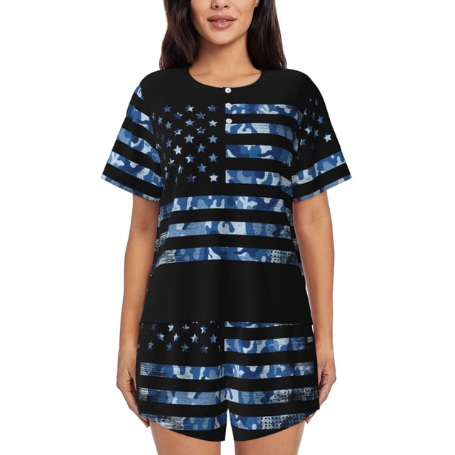Xecao Navy Camouflage American Flag Pattern Women's Short Sleeve Pajama Set Soft Sleepwear Lounge Set with Button Front Top and Drawstring Shorts with Pockets-Large