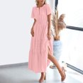 thumbnail image 5 of Formal Dresses for Women 2024 Women's Fashion Sexy Solid Short Sleeve V-Neck Pleated Dresses Long Dress Midi Maxi Dresses Elastic Waist Boho Beach Dress Pockets Mini Dresses for Women, 5 of 9