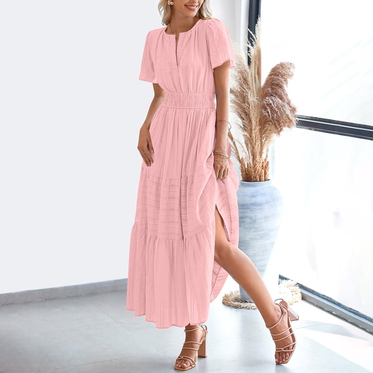 casual pink long dress LAHNGC Spring Dresses Womens Casual Summer Casual Vacation V-Neck Round  Neck Lower Back Long Dresses (Pink,XX-Large) at Amazon Women's Clothing  store