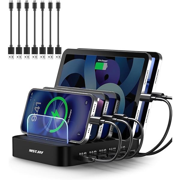 wonima44 Charging Station for Multiple Devices : 5 Port Multi USB-A Charger Stations Multi-Device Organizer Charging Dock Designed for iPhone iPad Cell Phone Tablets (7 Short Cables Included), Black