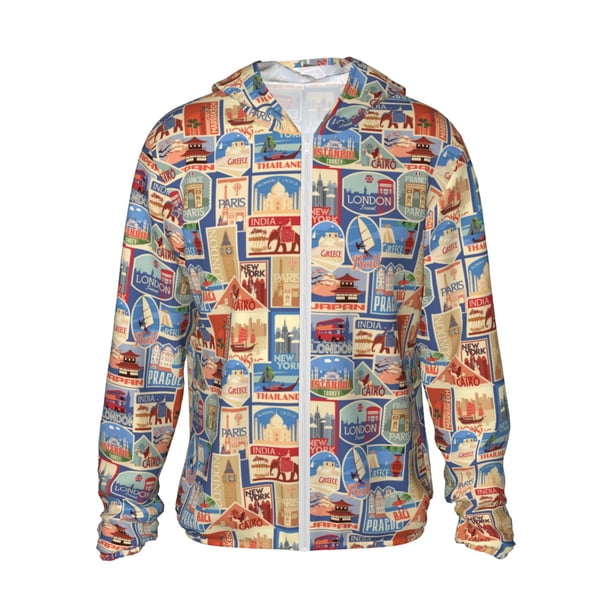 Balery Set Of Travel Vintage Sudadera ligera de manga larga con capucha y protección solar UPF 50+ para hombre y mujer, ideal para pesca y running-Medium