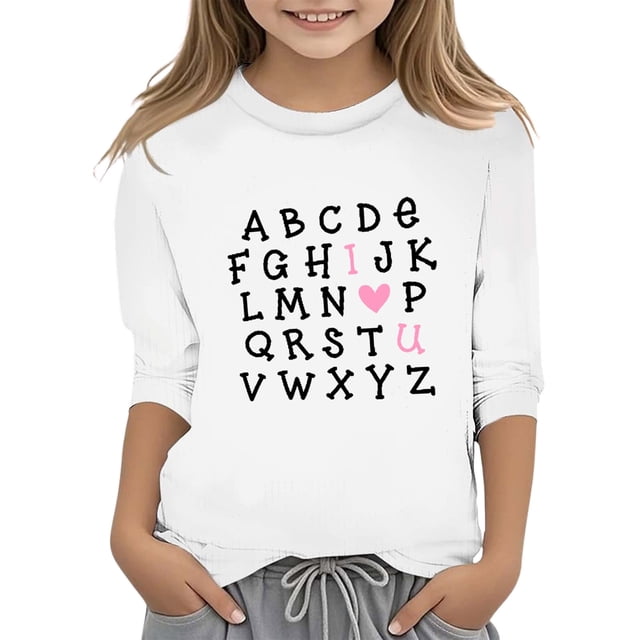 Sunnyoo T-Shirt Col Rond Manches 3/4 pour Grandes Filles, Imprimé Lettres, T-Shirt Décontracté, Tailles 3-14